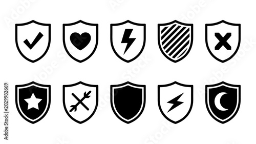 shield icons with various symbols flat vector illustration on white background