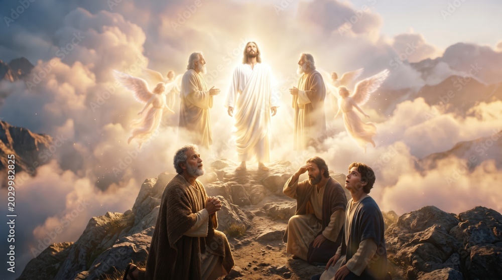 Obraz premium Jesus Christ transfiguration on mountain with apostle Peter, James and John during heavenly vision. Biblical scene of prophet Moses and Elijah appearing with angel in divine light.
