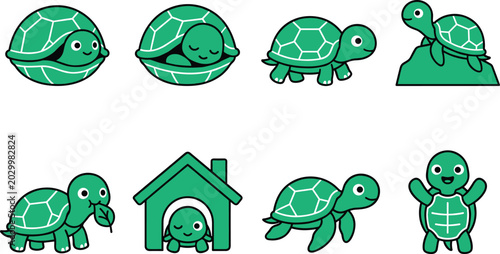 Canvas-taulu Collection of eight cute green turtle characters in various poses and situations