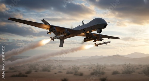 Military drone in flight over desert landscape with smoke trails