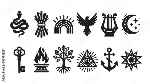 Schilderij op canvas Mystical occult symbols and esoteric icons set, 12 black vector alchemy elements