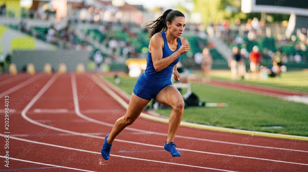 Obraz premium Dynamic sprinting female runner in blue outfit, sport fitness athlete race, running speed exercise active, motion energy track