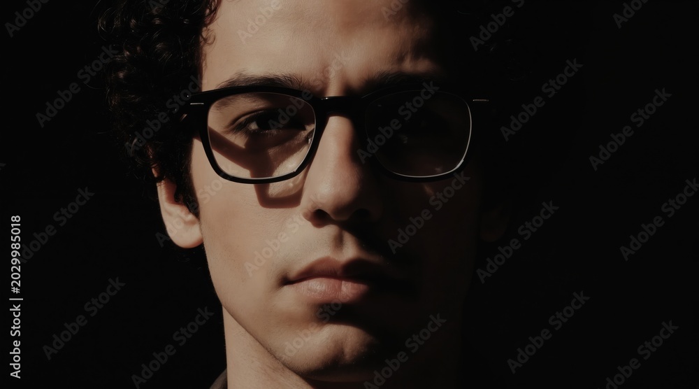 Obraz premium Close up portrait of young man with curly hair wearing glasses. Dark background studio shot. Serious expression thoughtful look. Male face with shadow.