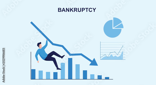 Cuadro en lienzo Man falling down a declining bar graph with the word 'bankruptcy' overhead, showing financial downturn and losses