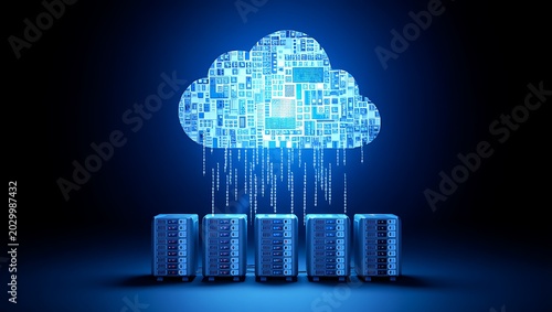 Digital cloud computing concept with server racks and raining binary data streams on dark background