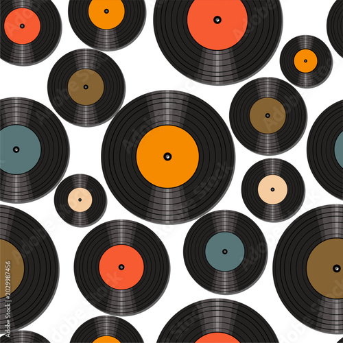 Seamless pattern print wallpaper with vinyl record discs music illustration vector retro style 60s, 70s, 80s, design art background for paper, textile, pack etc.	
