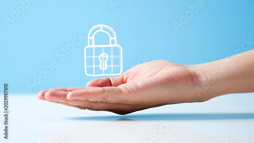 Human hand holding a white digital outline of a padlock icon against a light blue background