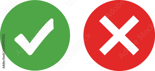Green check mark and red cross sign icons for true or false choice Vector