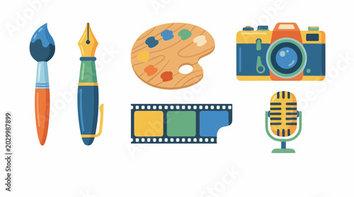 Creative tools collection including paintbrush fountain pen artist palette camera film strip and microphone representing art and media creation
