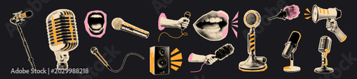  Microphones halftone elements set. Podcast halftone collage cut outs.
