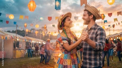Young couple dancing traditional quadrilha during a colorful Brazilian Festa Junina celebration with rustic decorations, festive lights and authentic countryside atmosphere