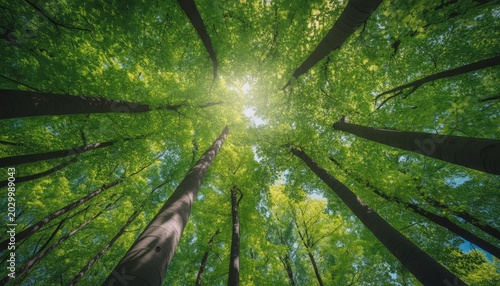 Looking up at the tops of tall trees in a green forest