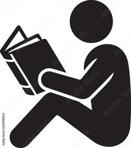 Canvastavla Black stick figure person sitting and reading a book also transparent background