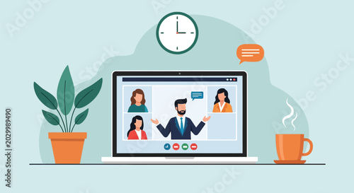 Foto Diverse business team participating in an online video conference call on a laptop screen, symbolizing remote work and virtual meetings