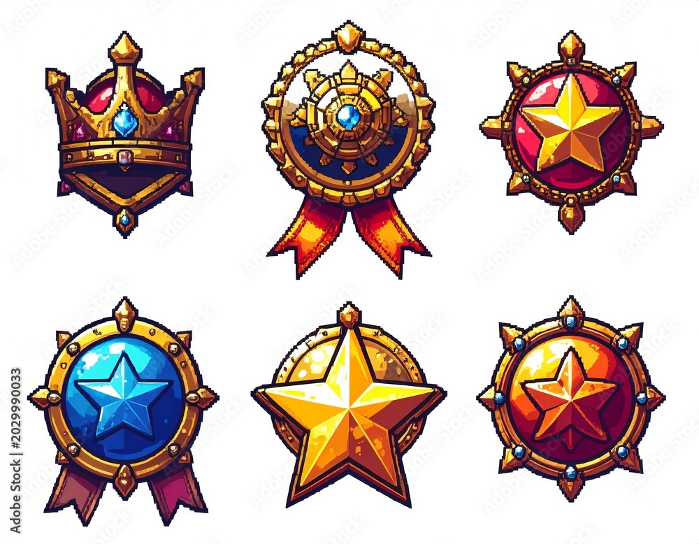 Fototapeta premium Fantasy award badge icons set, pixel art royalty emblems with crowns, stars, and jewels, vector medieval achievement symbols for games and apps