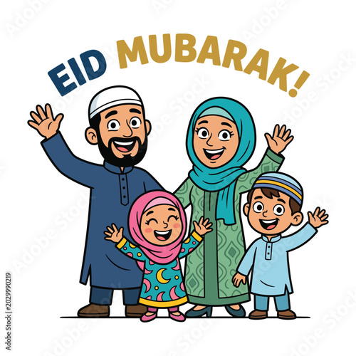 Family Eid Celebration Waving Hands Joyful Cartoon Style Vector Isolated on White