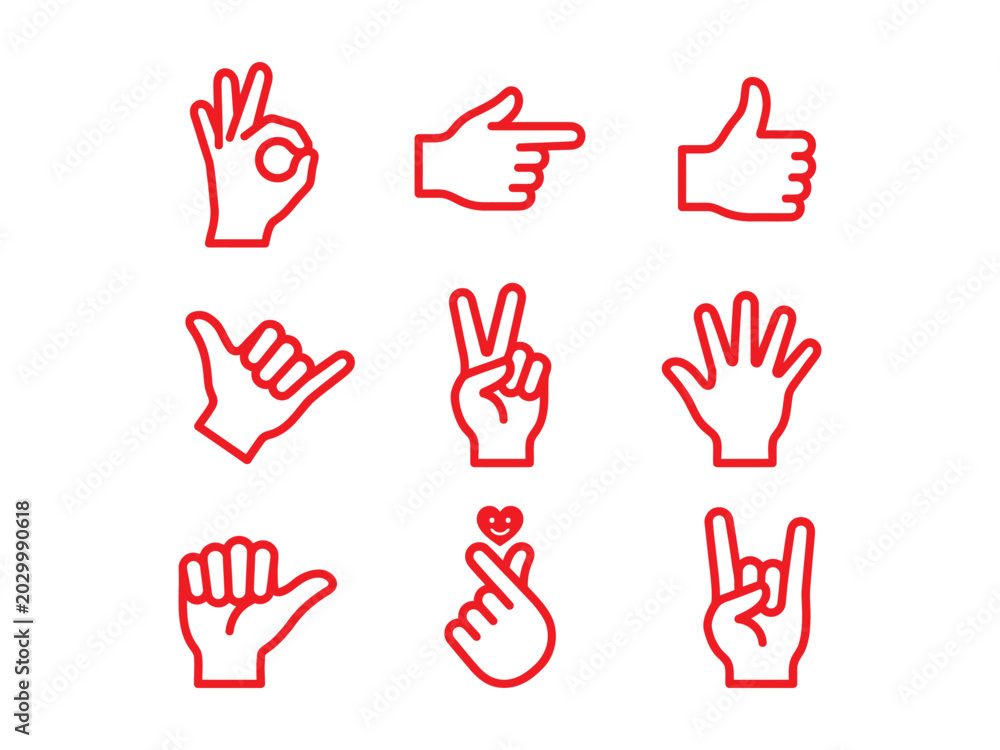 Obraz premium A clean, minimalist vector illustration featuring a grid of ten simple, outline-style hand gestures in a vibrant, solid red color
