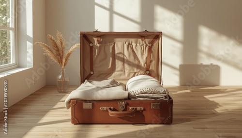 There is an open suitcase sitting on a wooden floor next to a window