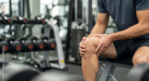 Closeup of a man holding his painful knee in a gym setting