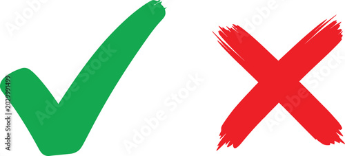 Quadro su tela Green check mark and red x cross symbol set made with rough brush strokes Vector