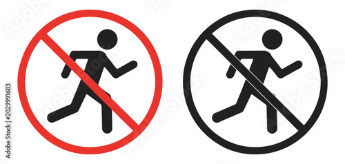 No running signs set, safety restriction icons for public spaces and controlled areas, caution and rule compliance vector collection