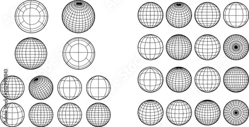 Bild auf Leinwand Black silhouette illustrations of spherical wireframe globes in varied orientati