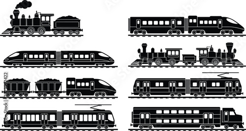 Billede på lærred Set of various train and locomotive silhouettes including steam and modern passe