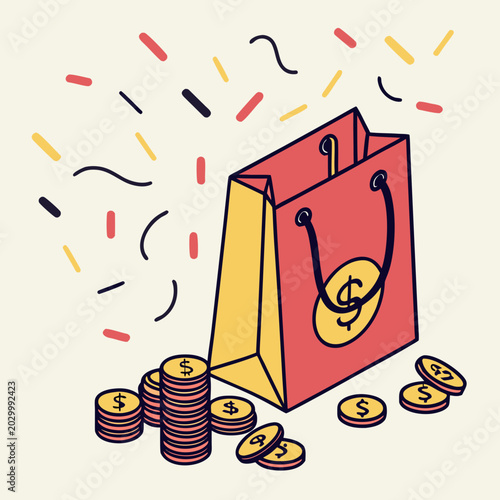 Bild auf Leinwand Yellow and red shopping bag with coin stacks art.