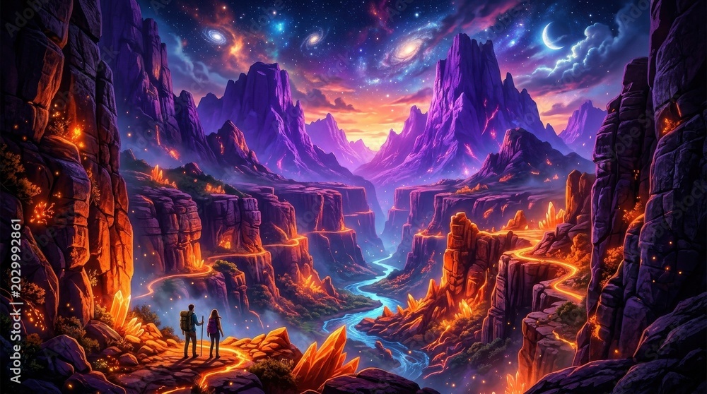 Fototapeta premium Epic fantasy neon canyon with purple mountains and glowing orange rocks. Surreal landscape scenery for adventure and dreamy