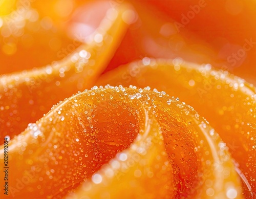 Extreme close-up of vibrant orange petals with sparkling water droplets