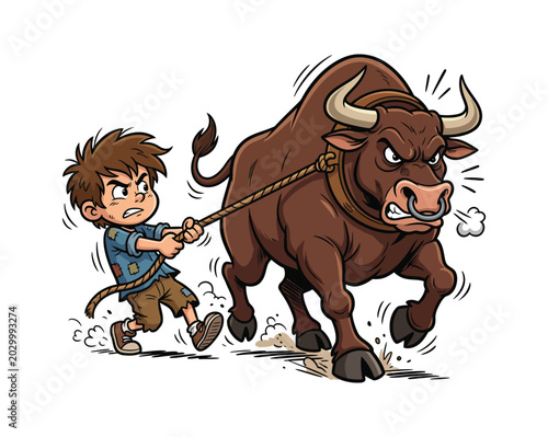 Angry Bull Charging Forward with Boy Holding Rope Vector Illustration