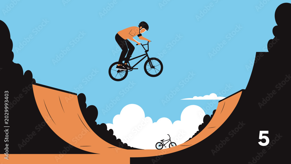 Fototapeta premium Stylized BMX Rider Performing a Jump on a Ramp with Clouds and Mountain Backdrop