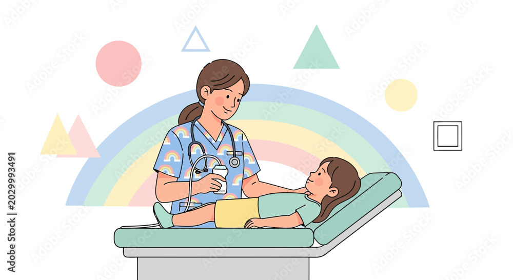 Obraz premium Pediatric Nurse Examines Young Girl with Ultrasound, Rainbow Background