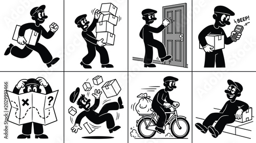 Canvas Print Set of black and white vintage cartoon style showing a delivery man performing v