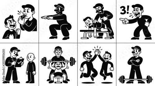 Tableau sur toile Set of eight black and white cartoon showing a personal trainer coaching a clien