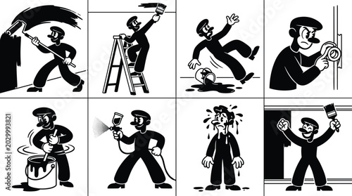 Fotografía Collection of black and white cartoon showing a painter performing different tas