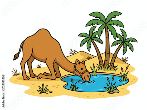 Cartoon bactrian camel drinking water at a desert oasis vector illustration