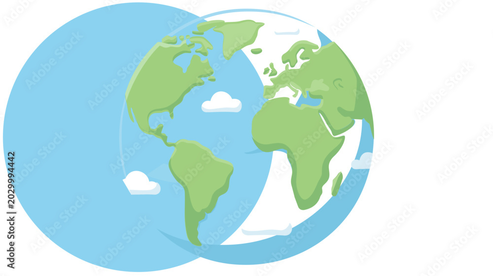 Obraz premium Global earth sphere vector showing terrestrial continents and cloud cover, stylized blue planetary icon representing our world for ecology, international travel, and geography education.