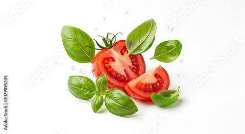 tomato and basil isolated on white background