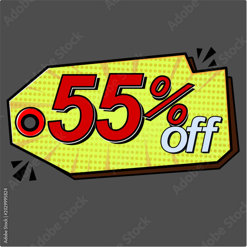 Sale tag 55% percent off, vector illustration comics.