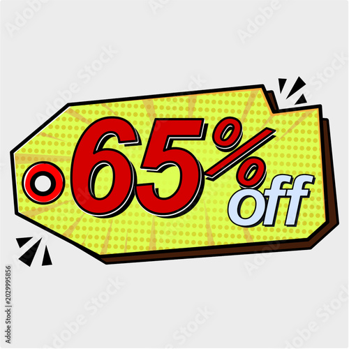 Sale tag 65% percent off, vector illustration comics.