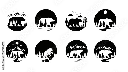 A collection of wildlife themed logos, showcasing bears in various natural settings, perfect for