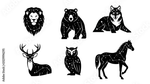 Celestial animals in black and white illustrations with constellation design element set