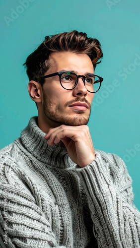 A man with glasses and a sweater looking away.