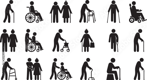 Foto Stick figure icons set representing elderly people, disabled individuals, and se