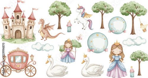 Whimsical fairy tale illustrations of princesses castles dragons and magical elements