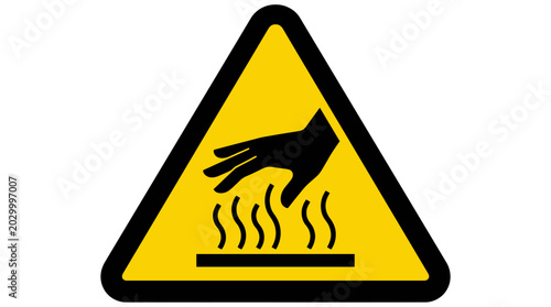 Warning sign indicating a hot surface that can cause burns to the hand.