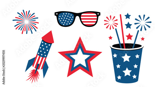 patriotic 4th july celebration icon set with fireworks rocket sunglasses star cup and festive usa independence day vector elements