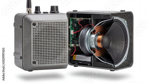 Portable amplifier speaker with internal components displayed on white background