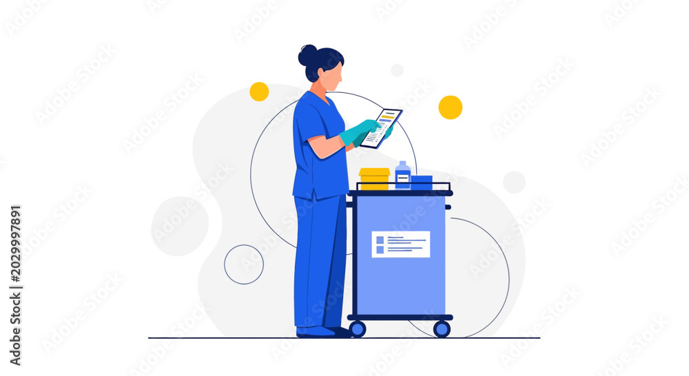 Fototapeta premium Nurse with Medical Cart, Digital Tablet, and Supplies - Healthcare Concept